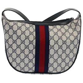 Gucci-GUCCI GG Canvas Sherry Line Shoulder Bag PVC Leather Gray Navy Red Auth ki3382-Red,Grey,Navy blue