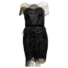 Marchesa Robe dentelle noire et dorée col illusion Noir Doré