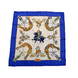 Hermès-Square scarf 90 Samurai by Zoé Pauwels 1991-White,Blue,Orange,Eggshell