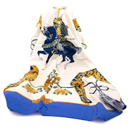 Hermès-Square scarf 90 Samurai by Zoé Pauwels 1991-White,Blue,Orange,Eggshell