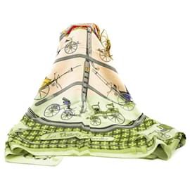 Hermès-Carré 90 Soie Vintage "Les Voitures Nouvelles"-Multicolore,Blanc cassé