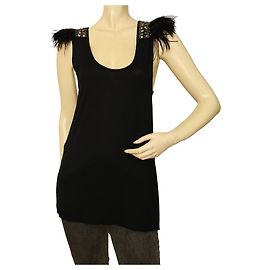 EMilio Pucci Camicetta nera con spalle borchiate e piume, taglia superiore lunga 42 Nero
