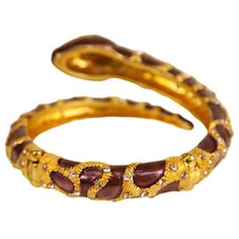 Kenneth Jay Lane-Gold Enamel Rhinestone Snake  Open Cuff Bracelet-Golden