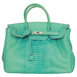 Kiton Turquoise Snakeskin Leather Padlock Top Handles Grab bag Large Handbag Turquoise