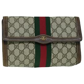 Gucci-GUCCI GG Canvas Web Sherry Line Clutch Bag PVC Leather Beige Green Auth 54003-Red,Beige,Green