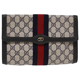 Gucci-GUCCI GG Canvas Sherry Line Clutch Bag Gray Red Navy 89 01 006 Auth ep1673-Red,Grey,Navy blue