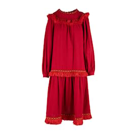 Saint Laurent-Yves Saint Laurent Vintage Robe smockée avec frange-Rouge