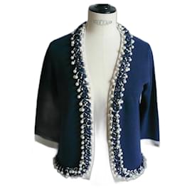Chanel-Cardigan Chanel in cashmere blu con ricamo di perle T38-Blu