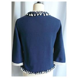 Chanel-Chanel Cardigã de caxemira azul com bordado de pérolas38-Azul