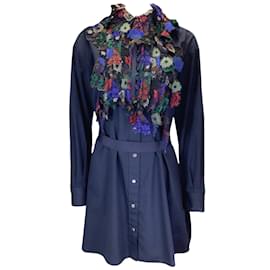 Sacai-Sacai Navy Blue Multi Floral Embroidered Lace Collar Long Sleeved Button-down Shirt Dress-Blue