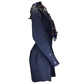 Sacai-Sacai Navy Blue Multi Floral Embroidered Lace Collar Long Sleeved Button-down Shirt Dress-Blue