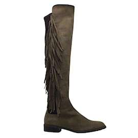 Stuart Weitzman-Stuart Weitzman Olive Green / Black Fringed Pull-On Knee-High Suede Leather Boots-Green
