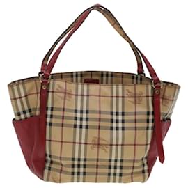 Burberry-BURBERRY Nova Check Tote Bag PVC Leather Beige Auth 44756-Brown