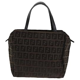 Fendi-FENDI Zucchino Canvas Hand Bag Nylon Brown Black Auth ar9763-Brown