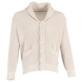 Brunello Cucinelli gerippter Cardigan mit Schalkragen aus Ecru-Kaschmir Weiß Roh