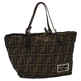 Fendi-FENDI Zucca Canvas Hand Bag Nylon Brown Black Auth 45877-Brown