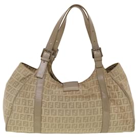 Fendi-FENDI Zucchino Canvas Mamma Baguette Hand Bag Leather Beige Auth 45281-Brown