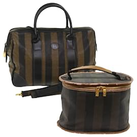 Fendi-FENDI Pecan Canvas Hand Bag Boston Bag Coated Canvas 2Set Brown Black Auth hk751-Brown