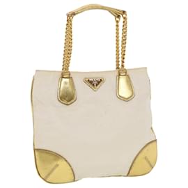 Prada-PRADA Chain Shoulder Bag Nylon White Gold Auth 44147-White