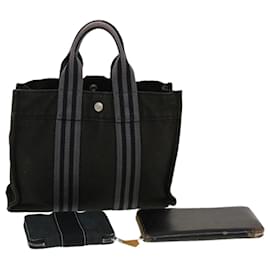 Hermès-HERMES Her Line Wallet Hand Bag Canvas Leather 3Set Black Auth 44073-Black