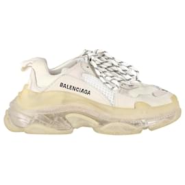 Balenciaga-Balenciaga Triple S Clear Sole in White Leather and Mesh-White