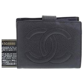 Chanel-Portefeuille court en cuir Chanel CC Caviar Bifold Wallet en bon état-Noir