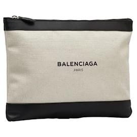 Balenciaga-Bolso clutch de lona con clip azul marino 420407-Blanco