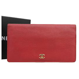 Chanel-Portefeuille à deux volets en cuir Chanel Portefeuille long en cuir 6 en bon état-Rouge