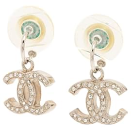 Chanel-Silver bejewelled CC fish-hook earrings-Silvery
