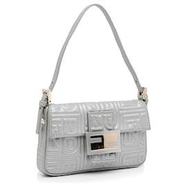 Fendi-Fendi Silver Embossed Logo Baguette-Silvery