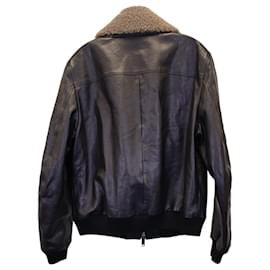Valentino Garavani-Valentino Garavani Shearling Collar Aviator Jacket in Black Calfskin Leather-Black