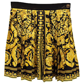 Versace-Versace Baroque-Print Pleated Mini Skirt in Yellow Silk-Yellow