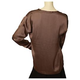 Yves Saint Laurent-YVES SAINT LAURENT 100% Top seda marrón manga larga talla S-Castaño