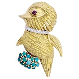 inconnue-Yellow gold bird brooch, diamants, rubies and turquoise-Other