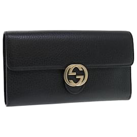 Gucci-GUCCI Interlocking GG Long Wallet Leather Black Auth ki3458-Black