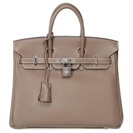 Hermès-HERMES BIRKIN BAG 25 in Etoupe Leather - 101464-Taupe