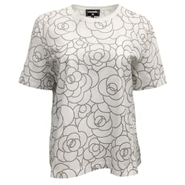 Chanel-Chanel white / Silver Camellia Print Short Sleeved Tee Shirt-White