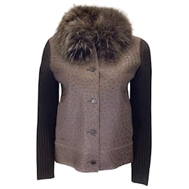 Prada-Prada Brown Raccoon Fur Collar Ostrich Skin Leather and Cashmere Knit Jacket-Brown