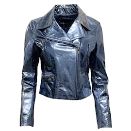 Autre Marque-Zeynep Arcay Blue / Silver Crinkle Leather Moto Jacket-Blue