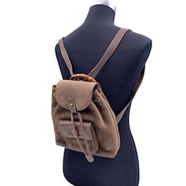 Gucci-Bolsa de ombro pequena mochila vintage de camurça marrom e bambu-Marrom