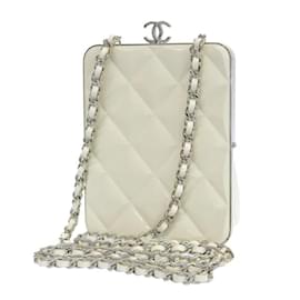 Chanel-Gesteppte Clutch-Schultertasche aus Leder mit Verschluss-Weiß