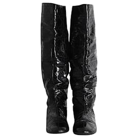 Dior-Dior Cannage Quilted Knee-High Flat Boots in Black Patent Leather-Black