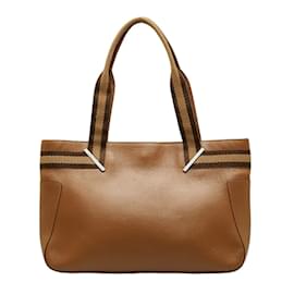 Gucci-Leather Web Tote Bag 002 1135-Brown