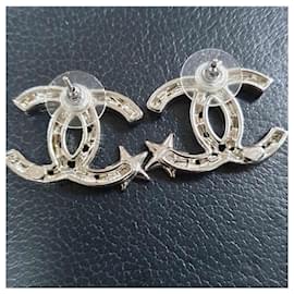 Chanel-CHANEL Star Crystal CC Logo Large Stud Earrings-Silvery