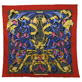 Hermès-HERMES CARRE 90 LE MORS CONETABLE Scarf Silk Red Gray Auth 53768-Red,Grey