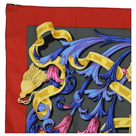 Hermès-HERMES CARRE 90 LE MORS CONETABLE Scarf Silk Red Gray Auth 53768-Red,Grey