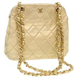 Chanel-CHANEL Bolsa de Ombro com Corrente Matelassê Couro Ouro CC Auth 53015NO-Dourado