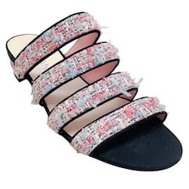 Chanel-Chanel 2018 pink / Blue / Black Tweed Triple Strap Sandals-Pink