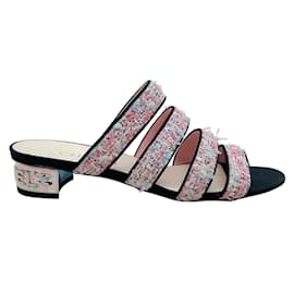 Chanel-Chanel 2018 pink / Blue / Black Tweed Triple Strap Sandals-Pink