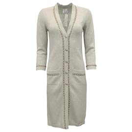 Chanel-Chanel Heather Grey Long Cashmere Cardigan with Pearl and Strass Details-Grey